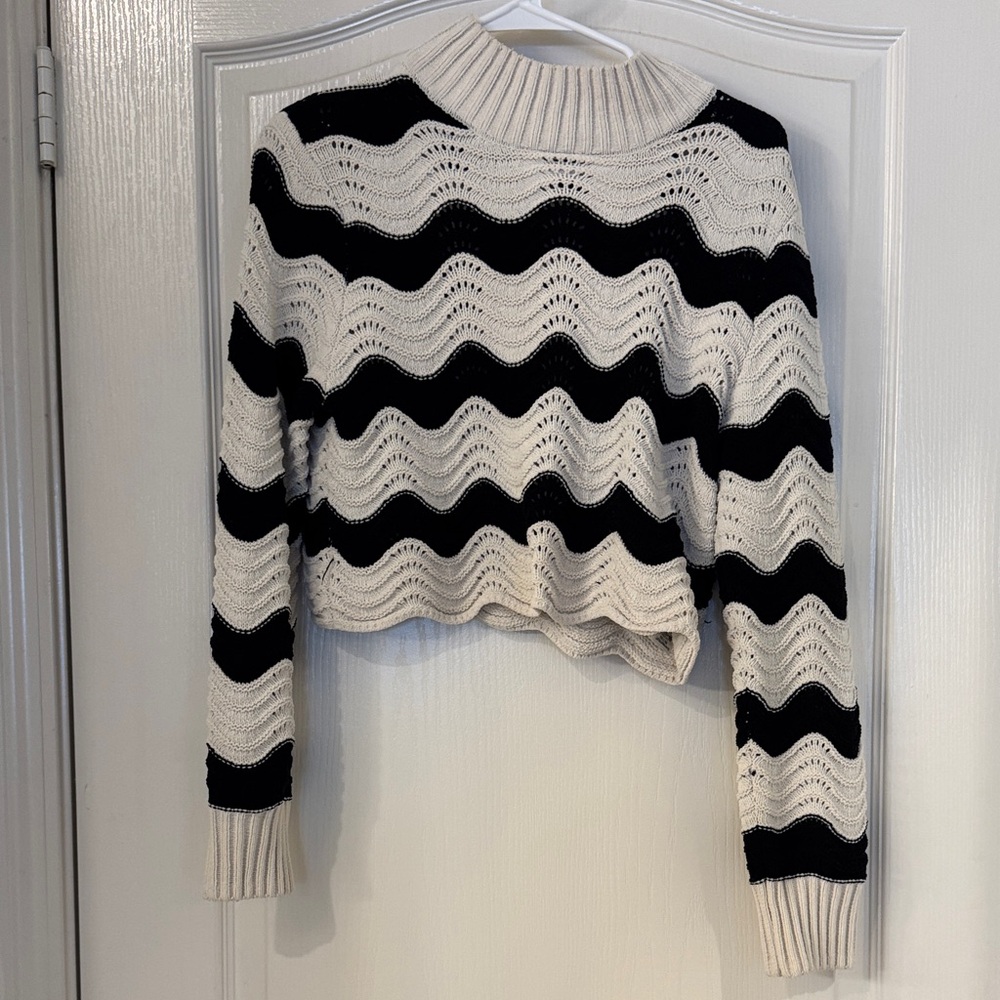 Zara Black and Cream Wave Knit Turtleneck Sweater